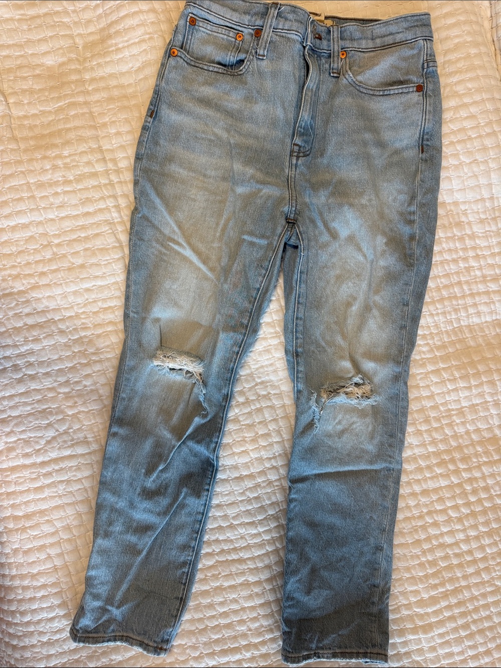 Madewell The High Rise Slim Crop Boyfriend Jean in light blue distressed wash